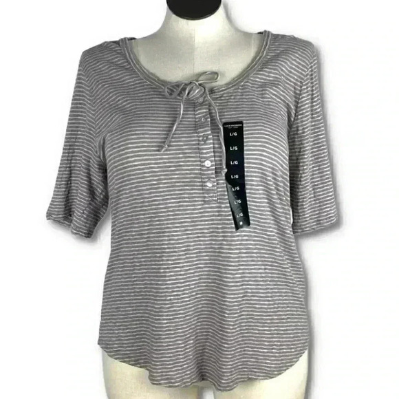 Lucky brand Womens top size L pink gray striped strawberry milk - Picture 10 of 10